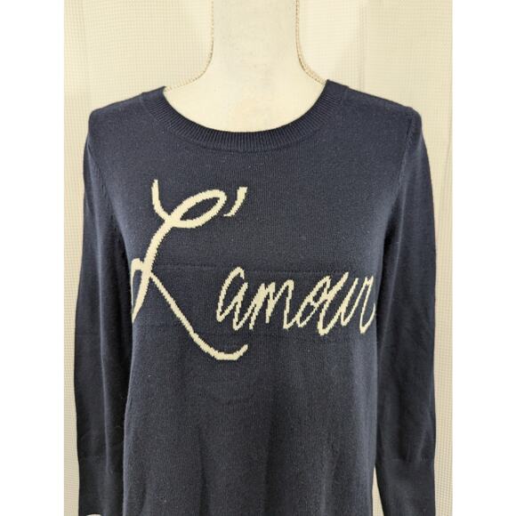 LOFT! DEEPEST NAVY BLUE LIGHTWEIGHT SWEATER, "L'AMOUR" KNIT GRAPHIC- CREAM! SZ M - Picture 3 of 8